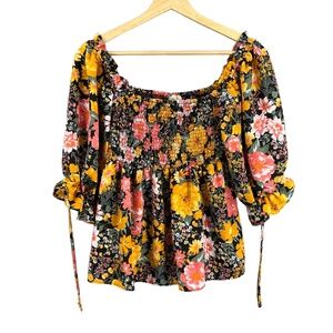 Twine and String‎ Floral Smocked Peasant Blouse Peplum Puff Sleeve Boho Top M